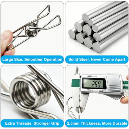 20 Pack Large Clothes Pins, 3.4inch Stainless Steel Wire Clothespins Heavy Duty with Storage Bag, Thick 2.5 mm Metal Clothes Pegs Laundry Clips for Indoor Outdoor Use