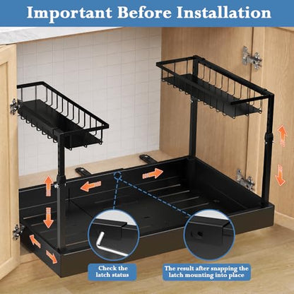 Under Sink Organizer, 2-Tier Slide Out kitchen Storage Metal Shelf, Black - size: Large
