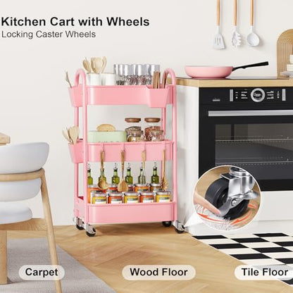 3 Tier Rolling Storage Cart Metal with Wheels, Pink Three Tiered Craft Cart - color: Soft Pink