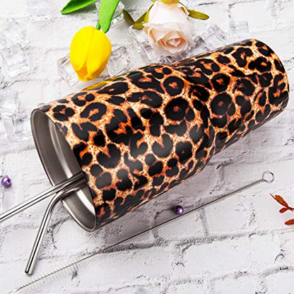 30oz Leopard Tumbler Stainless Steel Insulated Travel Mug with Straw Lid Cleaning Brush (30 oz Leopard), 1 Count (Pack of 1) - color: Leopard