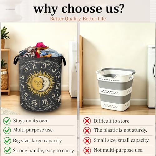 Sun Moon Zodiac Laundry Basket, Foldable Laundry Hamper with Handles, Large Capacity Waterproof Clothes Storage Basket for Bedroom Bathroom College Dorm - color: Sun Moon Zodiac