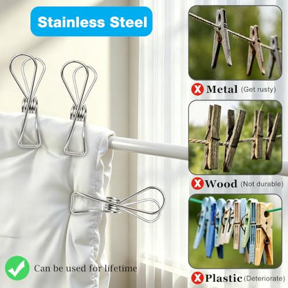 20 Pack Large Clothes Pins, 3.4inch Stainless Steel Wire Clothespins Heavy Duty with Storage Bag, Thick 2.5 mm Metal Clothes Pegs Laundry Clips for Indoor Outdoor Use