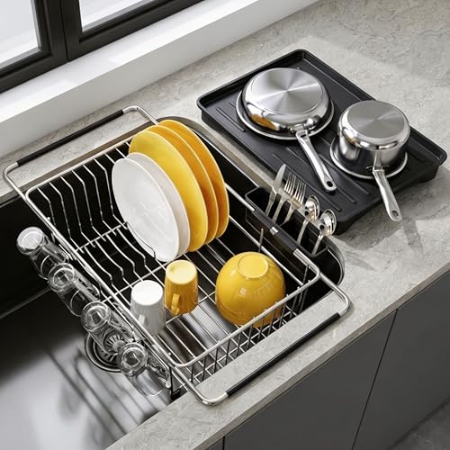JASIWAY in Sink Dish Drying Rack with Drainboard and Utensil Holder - color: Silver, size: For 12"-30"w Sink, with Drainboard