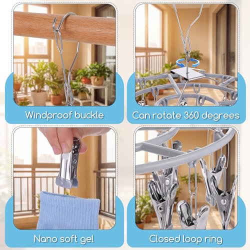 2PCS Drying Rack Clothing with 24 Clips, Metal Round Sock Hanger for Drying Hanging Clothes Dryer Underwear Hangers Racks Lingerie Bra Baby Delicates Foldable Small Indoor Laundry Dryer