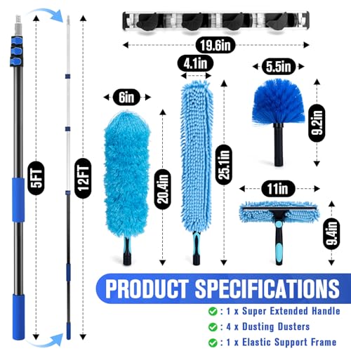 Upgraded Electrostatic Ceiling Fan Duster, 5-12FT Telescopic Pole Ladder-Free Reach, Washable Microfiber Paddle Traps Dust Instantly, Bonus Squeegee – No Falling Dust, High-Reach Cleaning