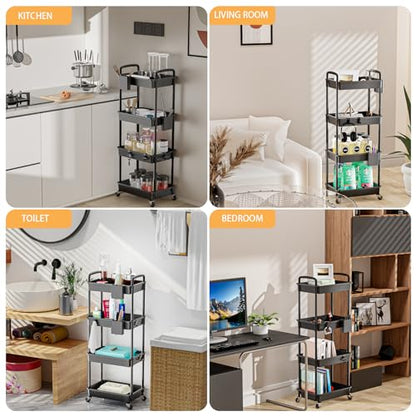 4 Tier Rolling Utility Cart with Handle,REBECAT Utility Cart Made of Multifunctional Storage Organizer Tool for Kitchen,Bathroom,Living Room,Office(Black) - color: Black