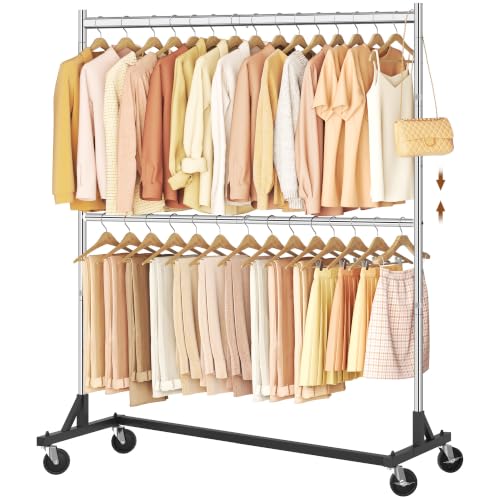 Hoctieon Double Rod Z Rack, Rolling Clothes Racks with Z-Base, Adjustable Clothing Rack, Standing Clothes Rack, Metal Clothing Racks for Hanging Clothes, Portable Garment Rack, Chrome - color: Chrome(1 Pack)