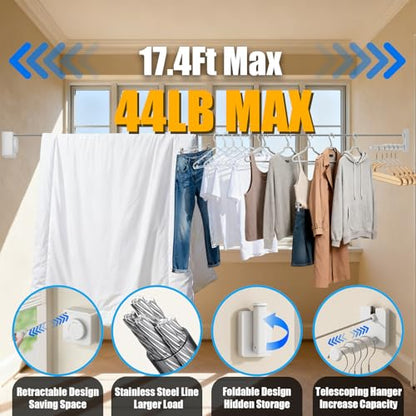 Retractable Clothesline Indoor Outdoor 17.4Ft Non-Sag Drying Rack(1, White) - color: Upgraded White