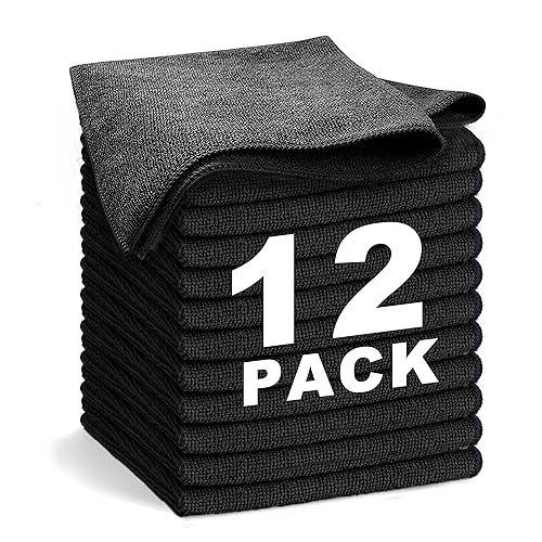 Black Microfiber Cleaning Cloth 13"x13", Ultra Soft Absorbent Microfiber Cleaning Rags for Housekeeping Cleaning Supplies, Lint Free Reusable Cleaning Cloths for House Washable, Pack of 12 - color: Black, size: 12-Pack (13"x13"）