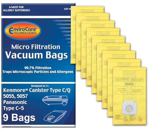 EnviroCare Replacement Vacuum Bags made to fit Kenmore Canister Type C or Q 50555, 50558, 50557 and Panasonic Type C-5 Vacuums, 9 pack