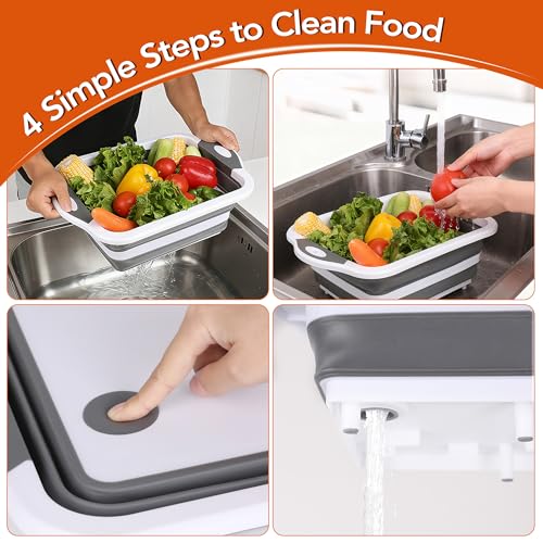 QiMH Collapsible BBQ Prep Tub, Picnic Basket with Lid Foldable Dish Basin, Washing and Draining Veggies Fruits, Food Grade Portable Cutting Board for Camping, Traveling, and Kitchen - color: Gray