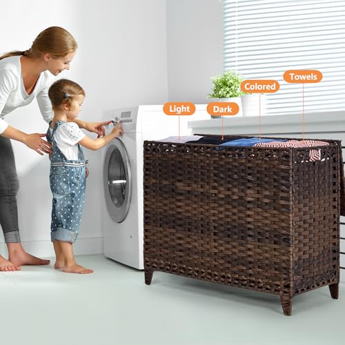 Laundry Hamper with 4 Removable Liner Bags, 176L Laundry Sorter with Lid - color: Brown, size: 176L-4 Section