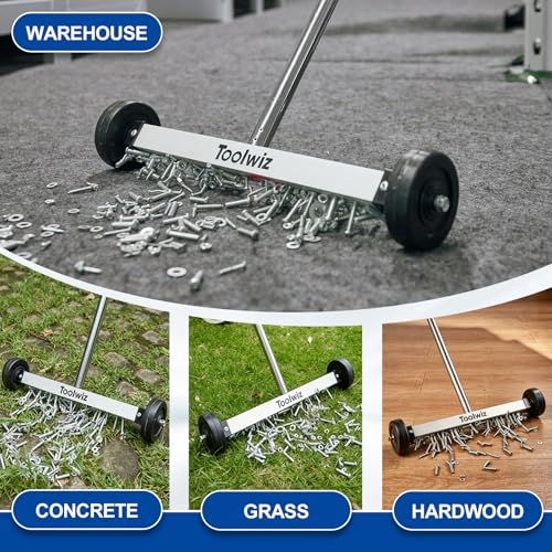 Toolwiz 15" Rolling Magnetic Sweeper with LED Telescopic Pick Up Tool - size: 15 inches + 8 LB Pick Up Tool with Light