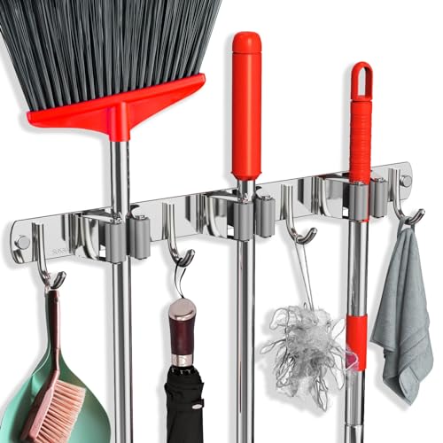 Mop and Broom Holder Wall Mount, Upgraded Broom Hanger Wall Mount, Stainless Steel Broom Organizer for Closet Garage Laundry Room Kitchen Wall Decor(3Racks 4Hooks Silver) - color: Silver, size: 1Pack 3Racks 4Hooks