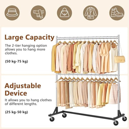 Hoctieon Double Rod Z Rack, Rolling Clothes Racks with Z-Base, Adjustable Clothing Rack, Standing Clothes Rack, Metal Clothing Racks for Hanging Clothes, Portable Garment Rack, Chrome - color: Chrome(1 Pack)