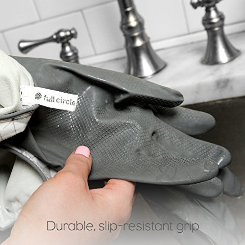 Full Circle Splash Patrol - Natural Latex Cleaning Dish Gloves, Stay-Dry Cotton Cuffs, Durable with Protective Lining, Small/Medium, (1 Pair) Grey - color: Gray