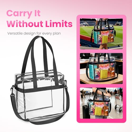 Handy Laundry Clear Bag 12x6x12 Stadium Approved Tote, Zipper Strap - color: Black