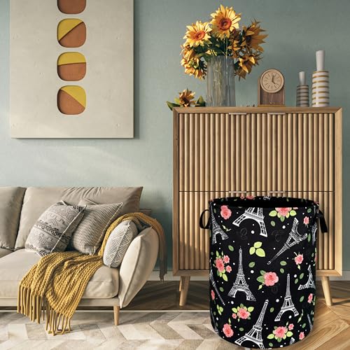 Retro Eiffel Tower Laundry Basket Oxford Cloth Foldable Hamper 18.9x16.5 In - color: Eiffel Tower and Rose Flowers