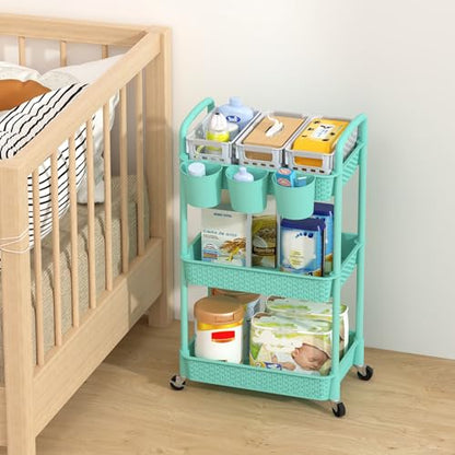 MOYIPIN 3-Tier Plastic Rolling Utility Cart with Handle,Turquoise - color: Turquoise, size: 3-Tiers with cups