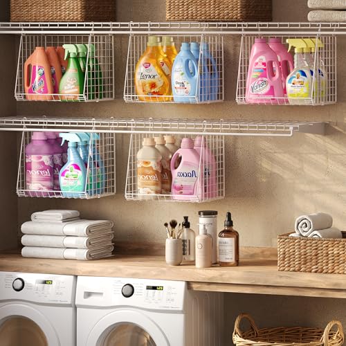 3-Pack Extra-Tall 13.6'' Hanging Laundry Basket Organizer, Foldable Wire Shelf with 360° Rotating Hooks & Reinforced Height - Durable Space-Saving Laundry Room & Closet Organizer, White Patent - color: White