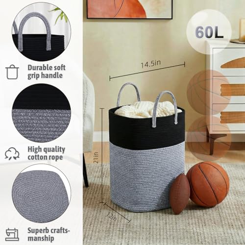 Laundry Basket,Woven Cotton Rope Laundry Hamper,Versatile Storage for Dirty Clothes,Baby Toys,and Blankets in Bathroom, Nursery,and Living Room (Black, 60L) - color: Black, size: 60L