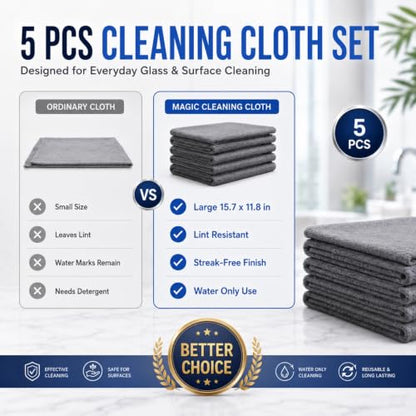 5 PCS Magic Cleaning Cloth Thick Microfiber Cleaning Cloths Streak Free Glass Cleaning Cloth for Windows Mirrors Shower Doors Kitchen and Stainless Steel Reusable Lint Free Wipes 15.7 x 11.8 Inch