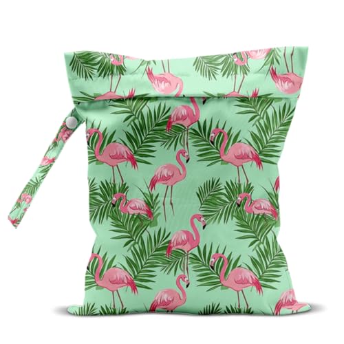 Wet Dry Bag Waterproof Reusable Palm Leaf Flamingo Wet Bag for Swimsuit, Travel, Beach, Pool, Diapers, Dirty Yoga Gym Clothes Toiletries Daycare Organizer - color: Palm Leaf Flamingo