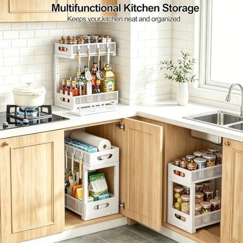 2-Pack Under Sink Organizer, 2-Tier Pull Out Cabinet Storage, White - color: White