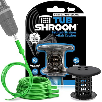 TubShroom Bathtub Drain Hair Catcher – in-Drain Tub Strainer & Clog Prevention Protector, Fits Standard 1.4”–1.75” Tub Drains, Easy Clean, Captures Human & Pet Hair Out of Sight (Matte Black) - color: Matte Black With Drain Snake