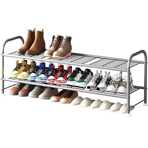 LINZINAR 2 Tier Long Shoe Rack for Closet Metal Shoe Organizer for Entryway - color: Grey, size: 2-Tier