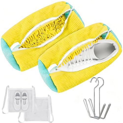2PCS Shoes Washing Machine Bag Kit,Reusable Washing Shoes Bag,Include 1PC Shoes Dryer Bag and 2 Drying Racks,Laundry Shoes Bag with Durable Zipper for Sneakers and Canvas Shoes - color: Yellow-2PC