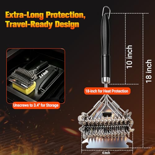 3-in-1 Bristle-Free Grill Brush & Scraper with Safety Sponge, 18" Detachable Long Handle BBQ Cleaner for Heavy Duty Grime, Summer BBQ & Outdoor Party Essential (Black) - color: Black