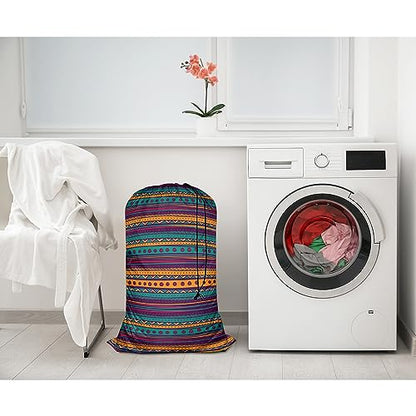 Swono Mexican Texture Heavy Duty Laundry Drawstring Bag with Strap, Indian Style Hand Drawn Abstract Backdrop 28 x 40 Inches Travel Dirty Clothes Bag for Laundromat and Household - color: Mexican Texture