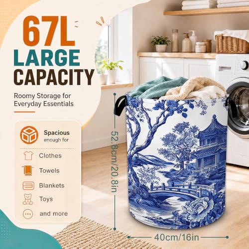 Blue and White Porcelain Laundry Basket,Chinoiserie Funny Foldable Oxford Laundry Hamper with Handles,Collapsible Clothes Storage Basket for Bedroom,Bathroom,or Laundry Room,20.8 x 16 Inches - color: Blue and White Porcelain Chinoiserie Funny