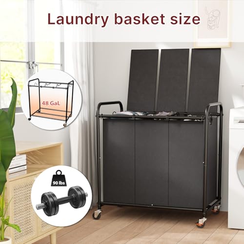 180L Laundry Sorter 3 Section with Lockable Wheels and Lid Black - color: Black-3 Sec, size: 47.55Gal
