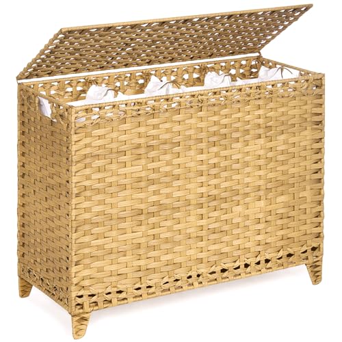 Laundry Hamper with 4 Removable Liner Bags, 176L Laundry Sorter with Lid - color: Natural, size: 176L-4 Section