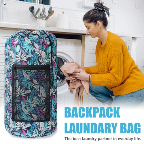 Portable with Adjustable Shoulder Straps Travel Dirty Laundry Bag,with Drawstring Closure & Mesh Pocket Backpack Laundry Bag for College,Apartment,Camping(Green Leaf) - color: Green Leaf, size: 1Pack