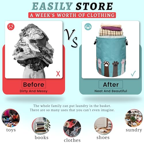 Cat Dog Paw Laundry Basket Foldable Oxford Cloth Hamper 18.9 x16.5" - color: Cute Cat Paws Dog Paw