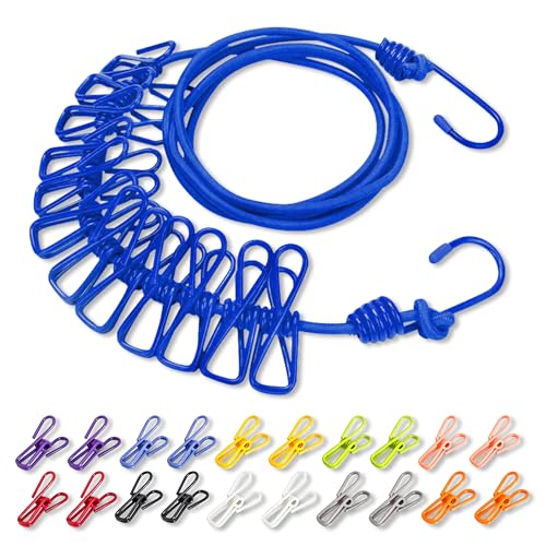 Portable Adjustable Clothesline with Built‑in 12 Solid‑Color Clothespins & 20 Separate Colorful Clips, Laundry Line for Indoor Outdoor Travel Camping Hotel Use (Blue) - color: Blue & 20 Colorful Clips (Non‑windproof)