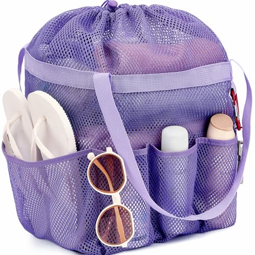 Fammart Mesh Shower Caddy Portable with Drawstring, Dorm Room Essentials for College Girls Guys, 8-Pocket Large Shower Bag Basket Tote for Camping Beach Gym Travel Toiletry Bathroom - color: Purple, size: Drawstring Closure