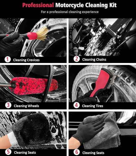 YeewayVeh 6PCS Motorcycle Cleaning Kit, Bendable Wheel Tire Brush,Black/Red - color: Black&Red, size: 6 Pack