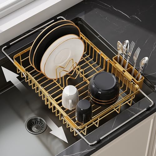 JASIWAY Gold Dish Drying Rack Over the Sink with Utensil Holder - color: Gold, size: For 12.5"-30"w Sink, Expandable