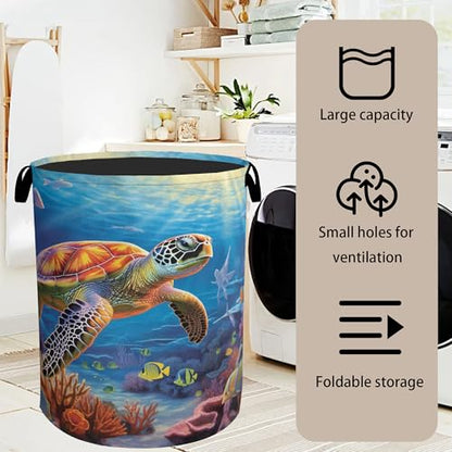 Sea Turtle Large Clothes Hamper Bag - Laundry Basket with Handles, Space Saving Foldable Design for Nursery - color: Sea Turtle