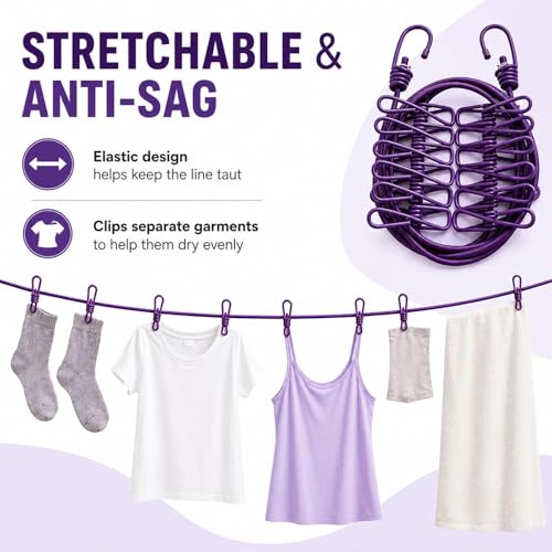 Portable Clothesline with 12 Clips, Stretch Travel Drying Rope with Stainless Steel Hooks for Camping Indoor Use.(Purple) - color: Purple