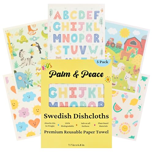Palm & Peace Swedish Dishcloths for Kitchen - 5 Pack - Reusable Paper Towels with Clips - Super Absorbent, Non-Scratch, Washable, Sustainable, 100% Compostable Cleaning Cloths (Kids) - color: Kids