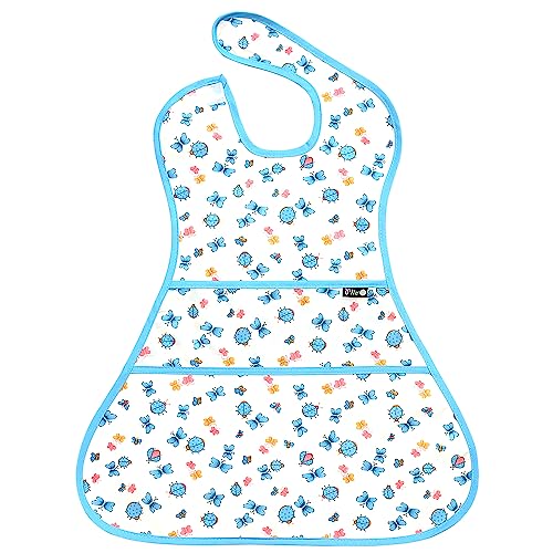 Plie Full Coverage Waterproof Feeding Bib for Toddlers – Extra Long Apron Bib for Mealtime, Self-Feeding, High Chairn - color: Blue/Butterfly