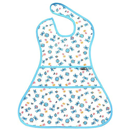 Plie Full Coverage Waterproof Feeding Bib for Toddlers – Extra Long Apron Bib for Mealtime, Self-Feeding, High Chairn - color: Blue/Butterfly
