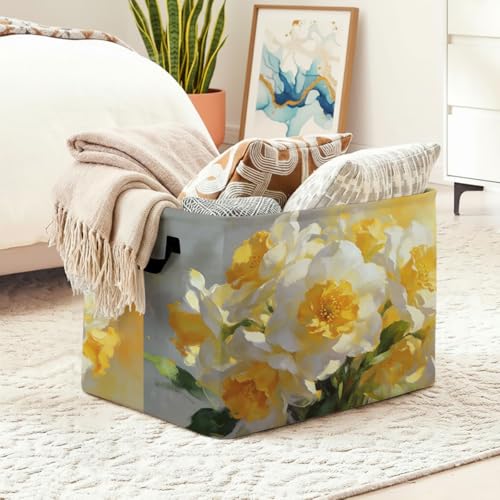Yellow Watercolor Floral Foldable Laundry Basket Hamper with Handles, 56L Large Capacity Toy Storage Organizer, Collapsible Clothes Hamper for Home Decor and Bedroom Organization. - color: Yellow Watercolor Floral