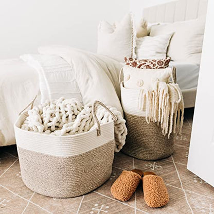 OrganiHaus Round Toy Basket & Blanket Basket, Cotton Rope 20x13" - color: Brown / Off-White, size: Wide