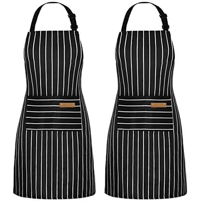 NLUS 2 Pack Cooking Aprons for Women with Pockets Adjustable Kitchen Bib Aprons for Women Men Chef, Black/White Stripe (Classic Black/White Stripes) - color: White/Black-2